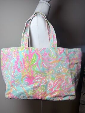 Lilly Pulitzer Tote Bag Tropical Pink Aqua Beach Large Canvas Bag Summer Preppy
